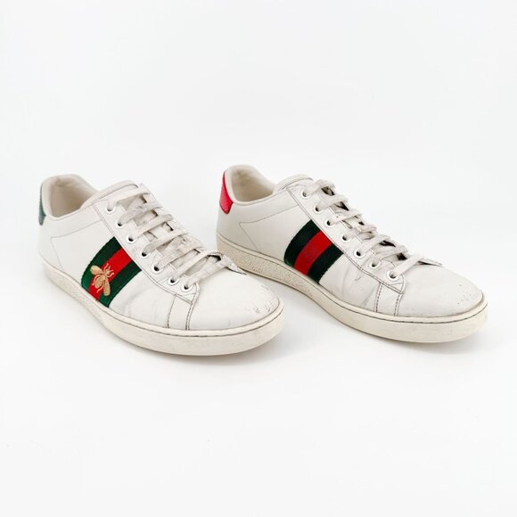 Gucci Bee Embroidered Ace Sneakers EU 38.5 US 8.5 White Leather Low Top Shoe - Picture 1 of 13